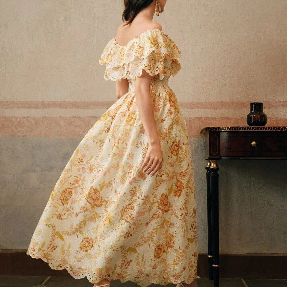 Multicolor Elegant Women's Off Shoulder Ruffled Floral Embroidered Dress